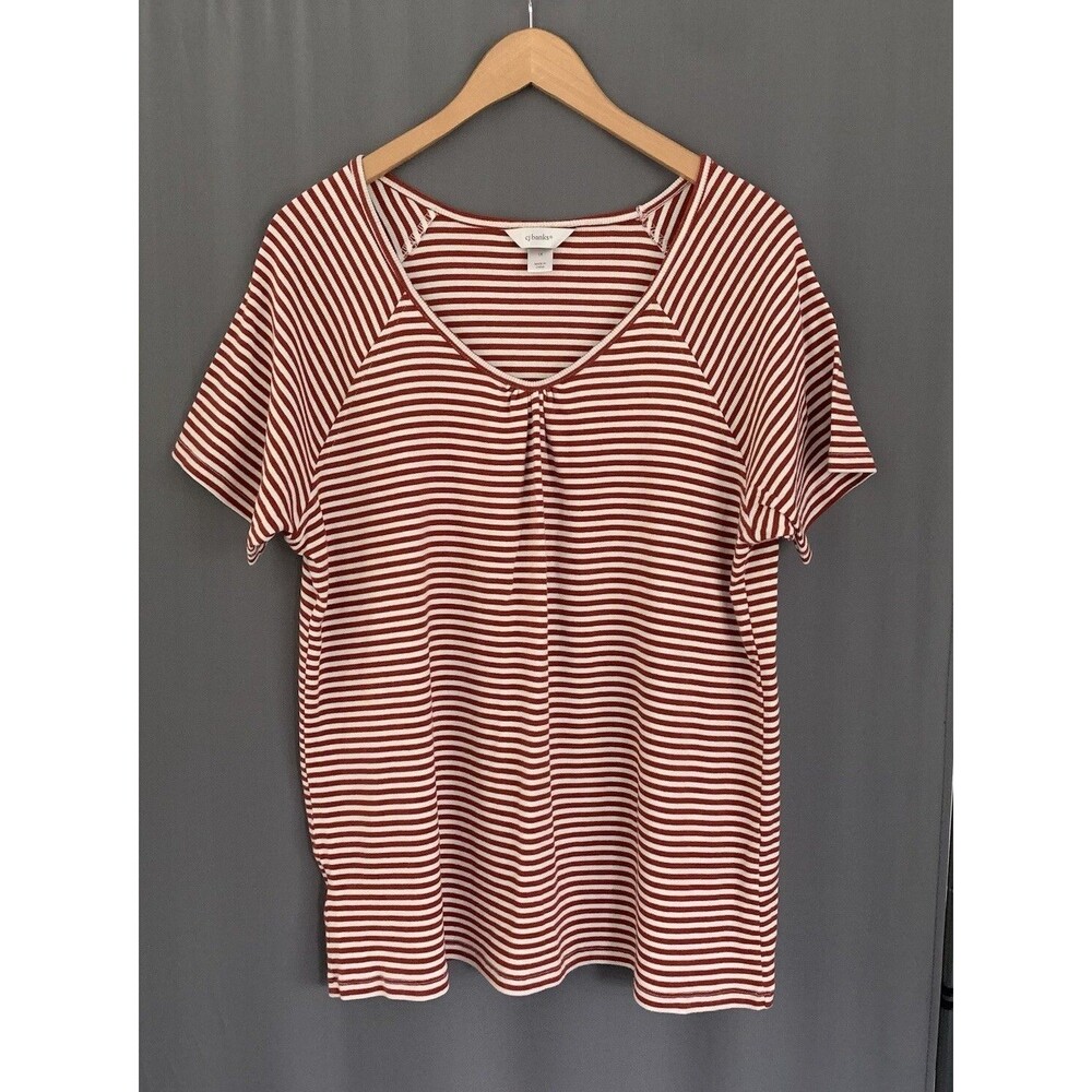 CJ Banks Pleated V-neck Ribbed T-shirt Top Sz 1X Rust Red Brown Striped Casual